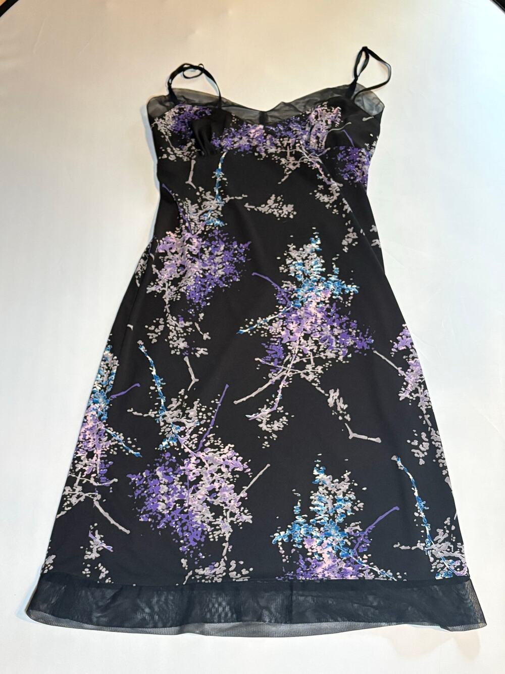 Y2K BCBG Vintage Black Floral Mesh Trim Slip Dress Medium Whimsigoth sexy vamp
